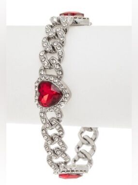 Silver Rhinestone Cuban Link Heart Bracelet Red Crystal Statement Bracelet